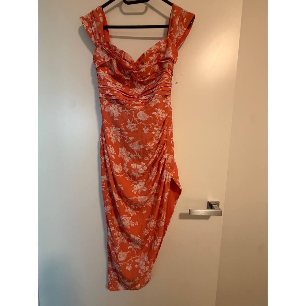 Abercrombie & Fitch Orange Floral Ruched Midi Dress XXSP Asymmetrical Slit